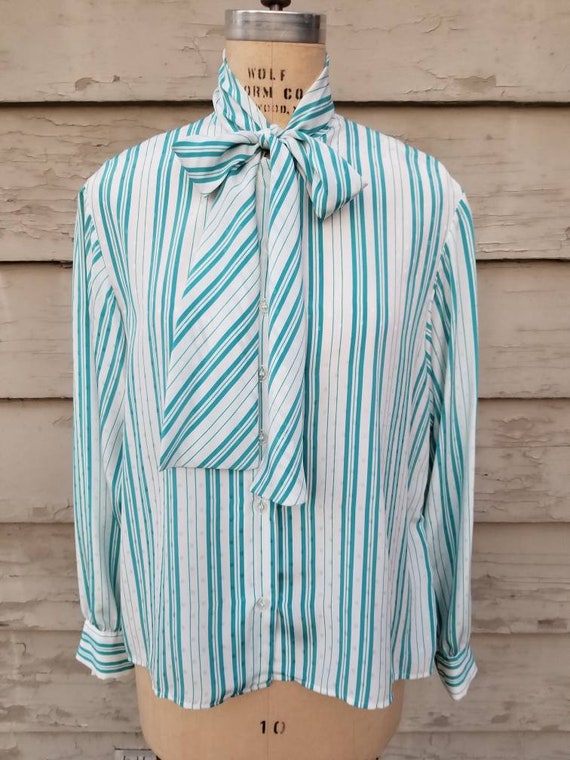 80s blouse, pussy bow, aqua and white stripe with… - image 6