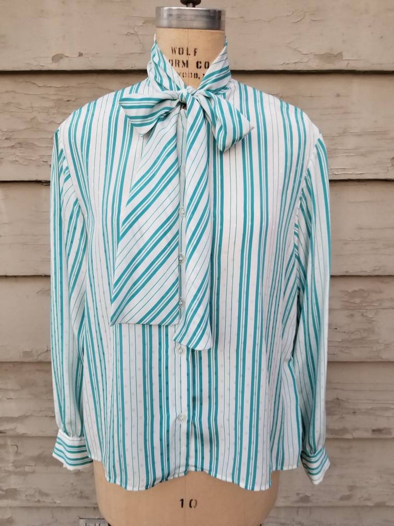 80s blouse, pussy bow, aqua and white stripe with dots, polyester top image 6
