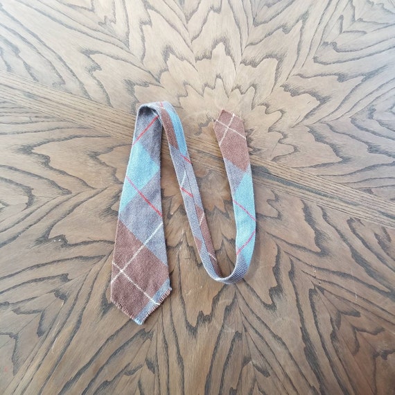 30s necktie, mens wool tie, blue brown plaid raw … - image 1