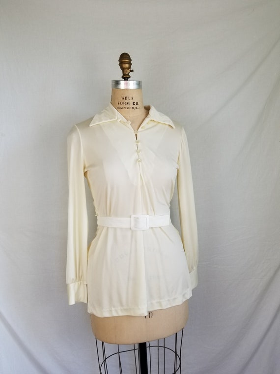 70s nylon blouse, cream, ladies 38 with belt