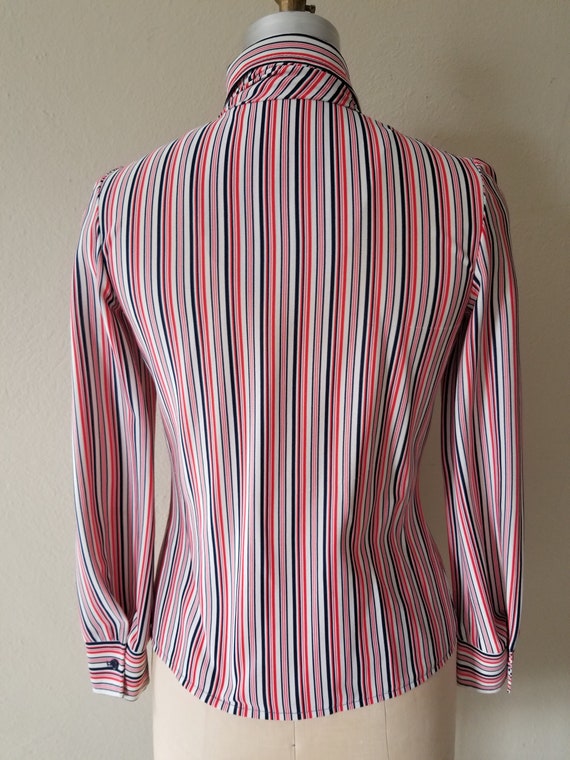 70s ladies blouse, pussy bow/belt white striped p… - image 5