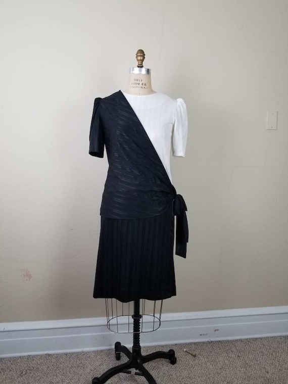 70s dress,  black and white, asymmetrical,  shiny… - image 1