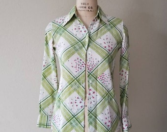 70s silk blouse, made in France, small green plaid, butterfly collar