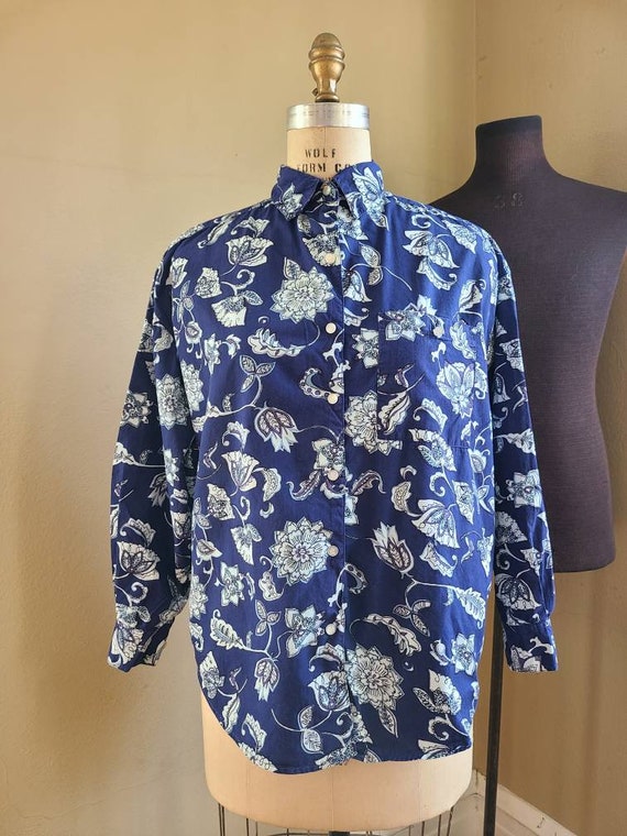 80s Stefano blouse, medium oversized, cotton, blue