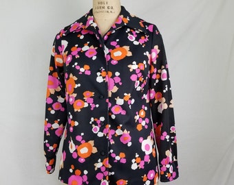 60s-70s black floral top 38 polyester knit