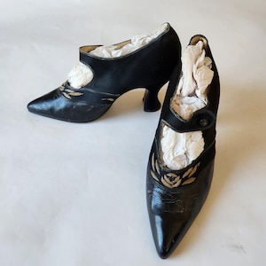1900s early Victorian black satin and kid leather heels, leather soles, embroidered,  very small