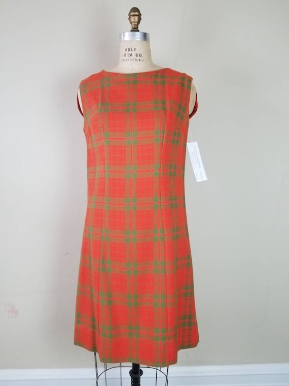 60s mod dress, sleeveless plaid dress, orange gre… - image 7