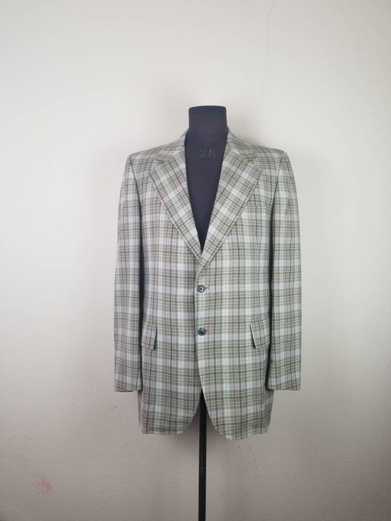 60s plaid blazer, mens sportcoat, green brown pla… - image 1