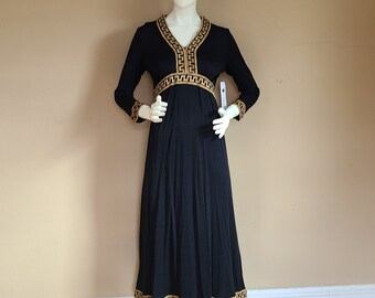 60s grecian style gown, black with good trim, long mod dress
