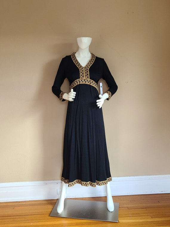 60s grecian style gown, black with good trim, long