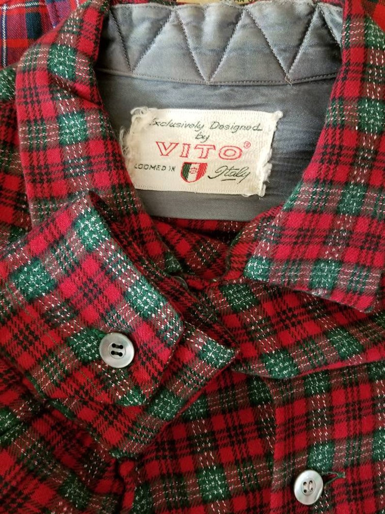 40s 50s mens red green plaid shirt, 16x33 image 6