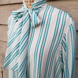 80s blouse, pussy bow, aqua and white stripe with dots, polyester top image 2