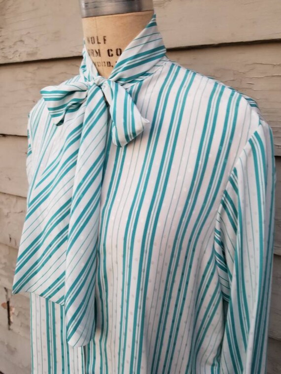 80s blouse, pussy bow, aqua and white stripe with… - image 2