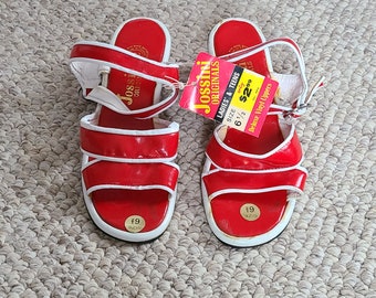 60s sandals, new old stock,  deadstock, 6 1/2, red and white, vinyl, chunky heel