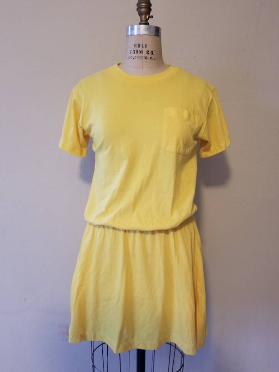 80s knit tshirt dress, bright yellow, Radishes and