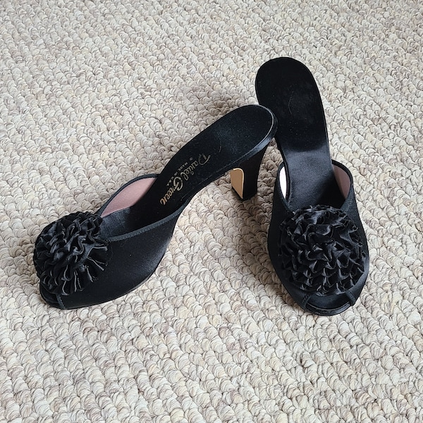 NEW 50s Vintage mules, black satin, size 8, Daniel Green, deadstock