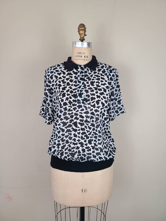 80s cow print sheer blouse, Rhoda Lee, dressy polo