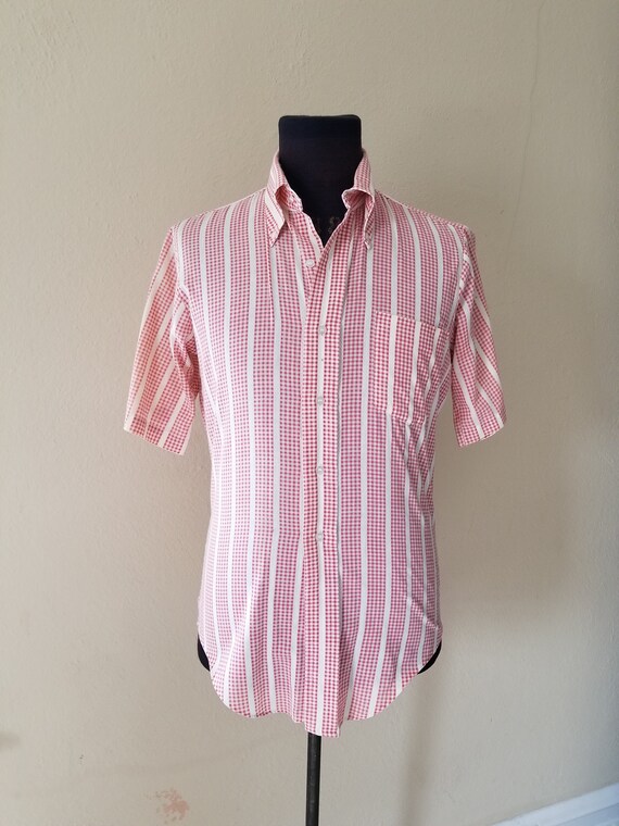 70s mens short sleeved shirt, pink check 15