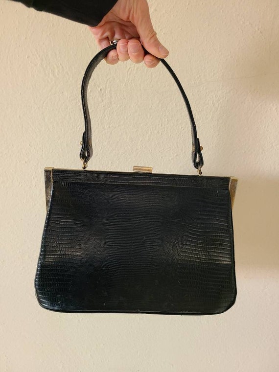 60s alligator handbag, black leather purse - image 2