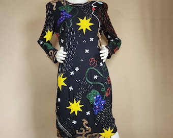 80s 14 beaded gown, stunning sequined and beaded dress, faces beadwork, celestial grapes stars, black and multicolored