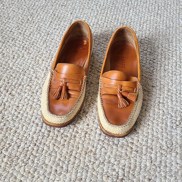 Bally mens loafers, island style, leather and woven, tasseled, slip on, size mens 12