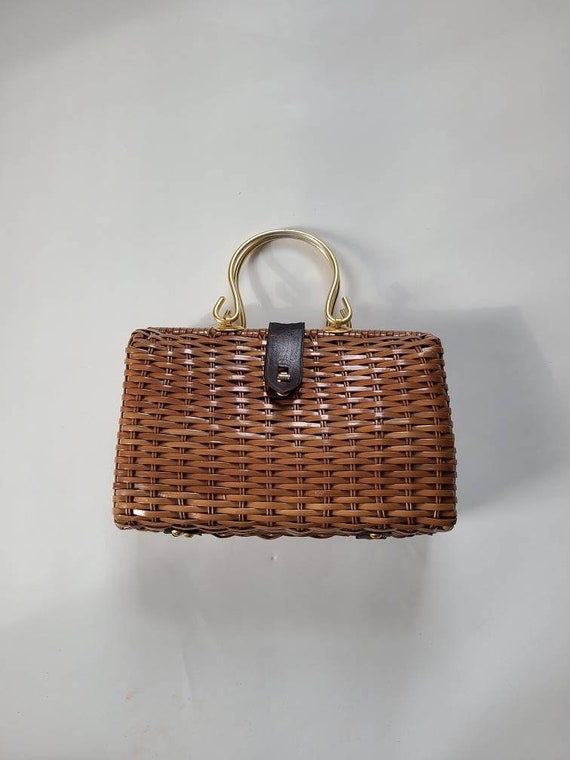 70s boho basket purse, gold handle