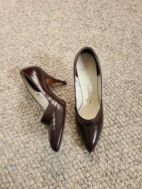60s 70s stiletto heels, size 8, brown leather, be… - image 1