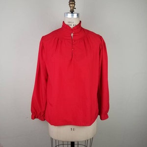 High necked blouse, Victorian style, ruffled collar,  red, polyester,  12