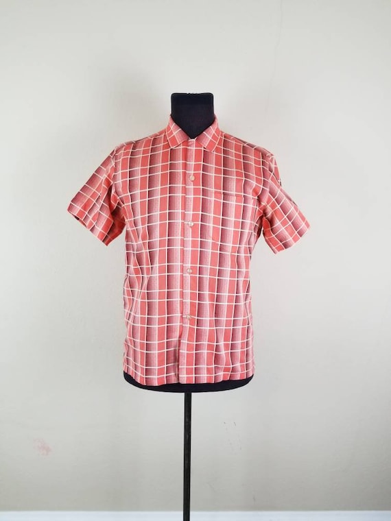 40s 50s shirt, mens plaid, orange brown, medium c… - image 1