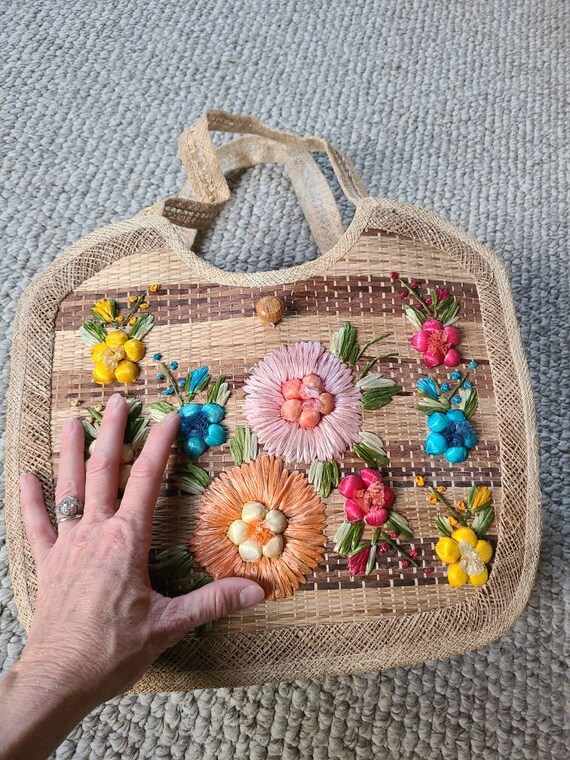 Straw bag, vintage straw handbag, floral, beach b… - image 3