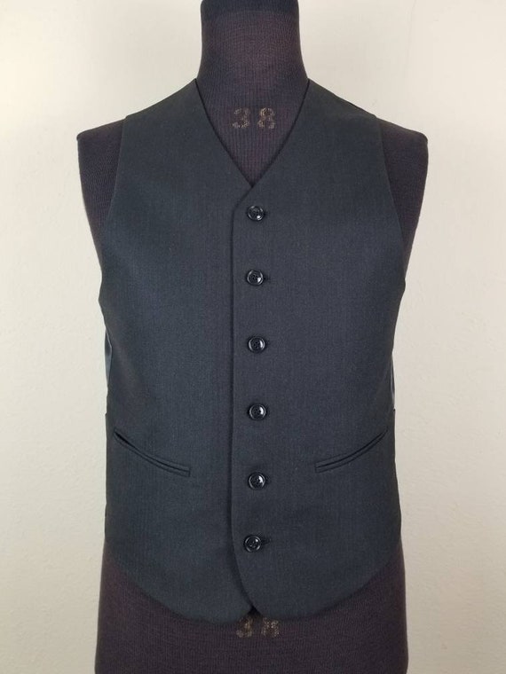 50s vest, black wool, mens charcoal, high button,… - image 2