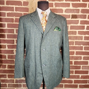 Vintage tweed sportcoat, 44R, mens wool blazer, green aqua tweed, 3 button, Sears