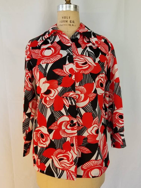 70s bright blouse, red white black 40 - image 4