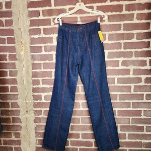 70s deadstock Jeanie jeans, maroon piping details, great pockets, size 11/12 Long, vintage denim, new old stock, straight leg, dark wash