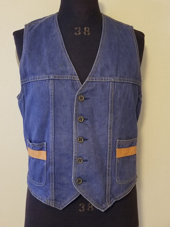 Denim vintage mens vest, 42R Jeans Joint - image 2