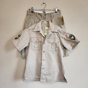 US Army uniform 3 pc, cotton shirt and shorts, summer uniform,  army khaki,  military uniform, Robert Kisatsky, dated 1955 shirt shorts belt
