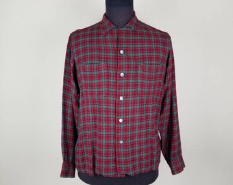 40s 50s loop collar mens red green plaid shirt, 16x33