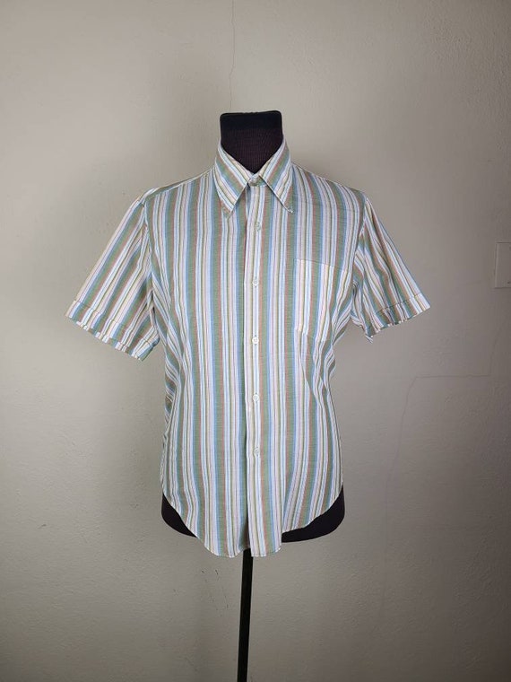 70s shirt, 16 neck, striped, short sleeved, butter