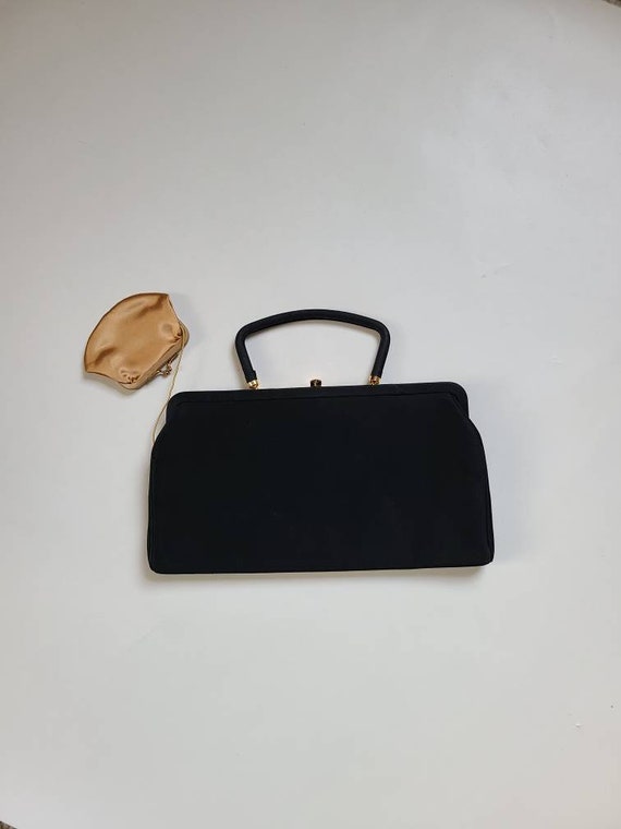 40s 50s black purse, vintage handbag, gold coin p… - image 1