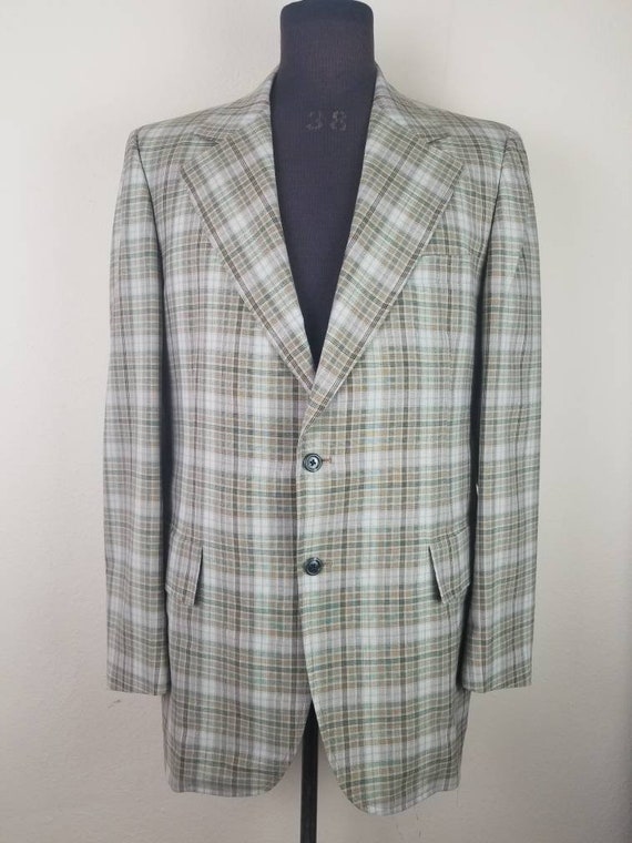 60s plaid blazer, mens sportcoat, green brown pla… - image 2