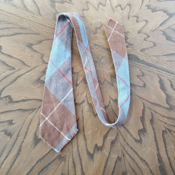 30s necktie, mens wool tie, blue brown plaid raw … - image 3