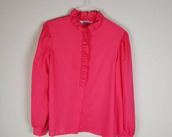 80s salmon pink blouse, high necked Victorian Edwardian style, 44, silky polyester, ruffled front