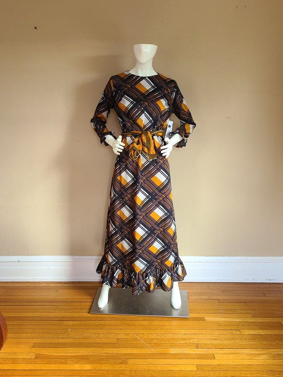 60s gown, long mod dress volup, brown gold black