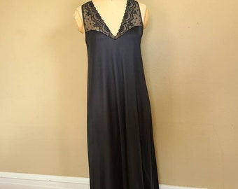Vintage black nightgown,  black slip, long nightgown, size small, nylon