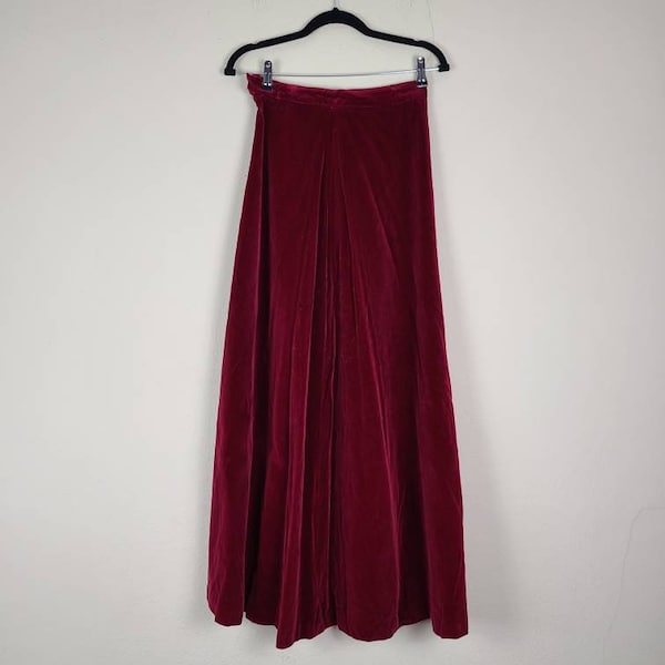 70s skirt, long A line, wine velvet, size 11/12