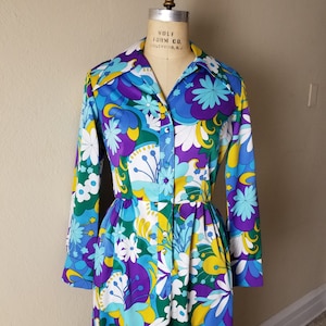 May include: A vintage floral print dress in shades of blue, purple, yellow, and white. The long-sleeved dress features a button-down front, a collared neckline, and a fitted waist. The dress is displayed on a mannequin.