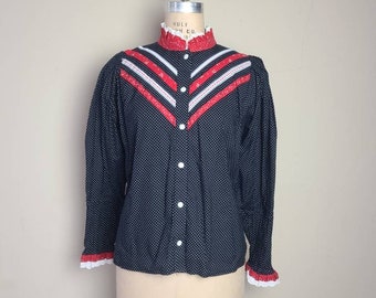 Vintage prairie blouse, German style, black polkadot, Victorian,  edwardian, country, western style