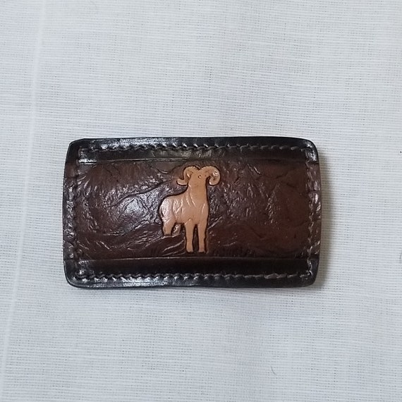 Ram belt buckle, vintage mountain sheep leather h… - image 1