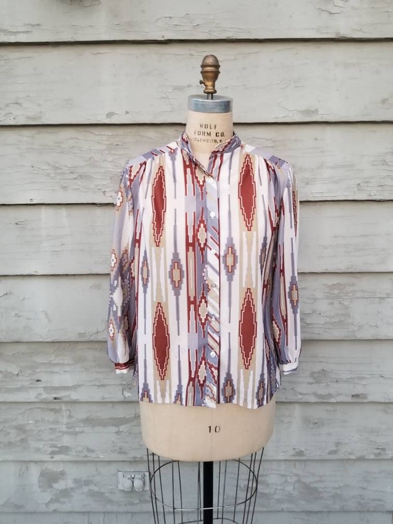 70s blouse,  Aztec print, boho hippie, polyester