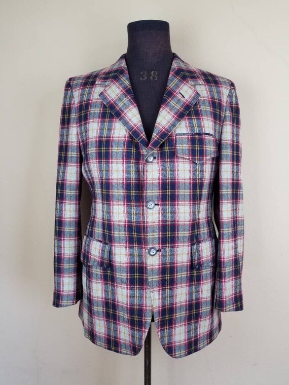 60s plaid sportcoat, mens blazer, grey blue red g… - image 3